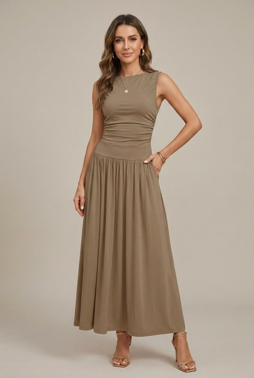 Kayla | Sleeveless Round Neck Ruched Waist Maxi Dress