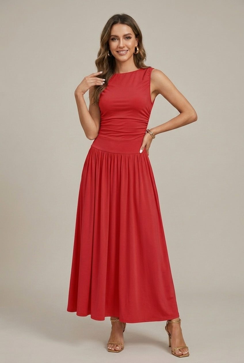 Kayla | Sleeveless Round Neck Ruched Waist Maxi Dress
