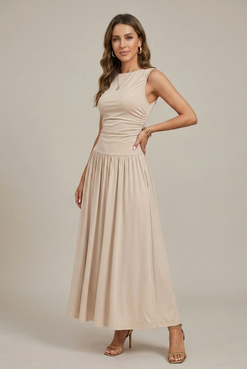 Kayla | Sleeveless Round Neck Ruched Waist Maxi Dress