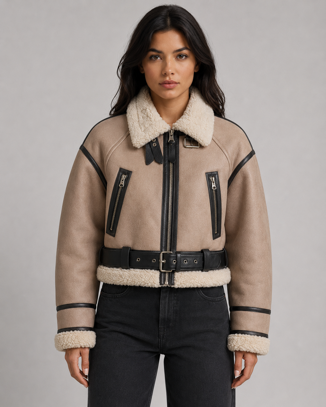 Kelly cropped faux leather aviator jacket - front view