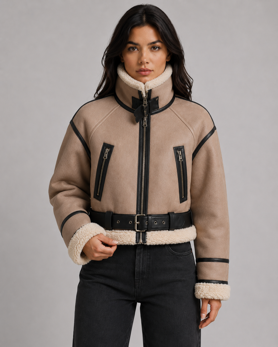 Kelly cropped faux leather aviator jacket - collar detail
