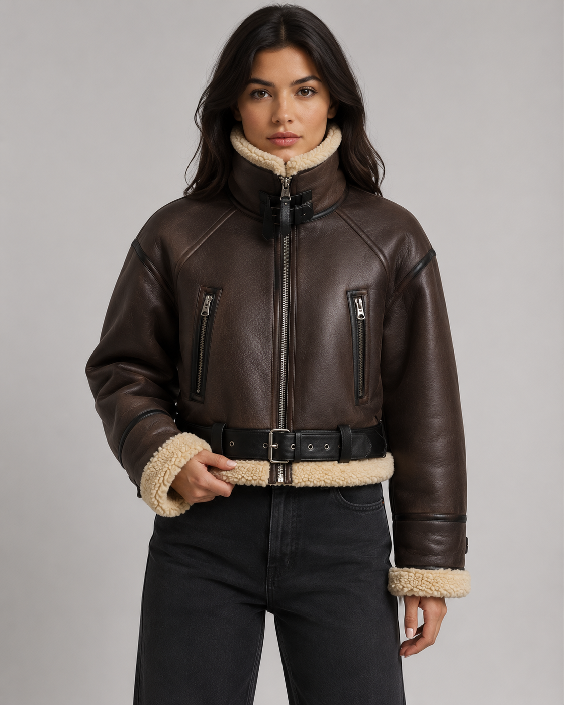 Kelly cropped faux leather aviator jacket - styled outfit 2