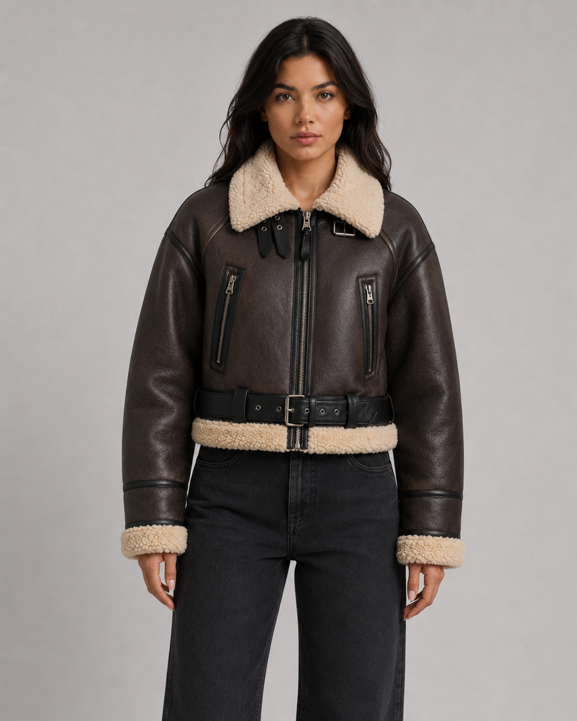 Kelly cropped faux leather aviator jacket - full look