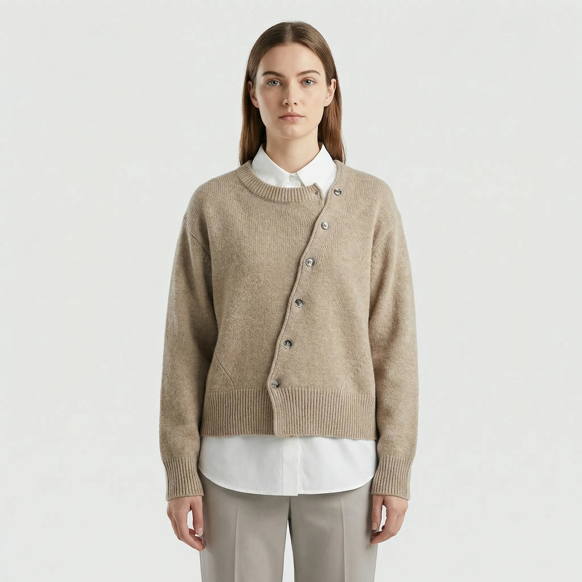 Kerensa wrap knit cardigan with asymmetric buttons, khaki