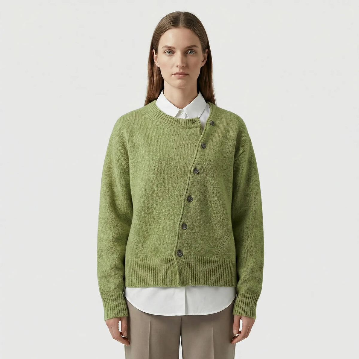 Kerensa wrap knit cardigan with asymmetric buttons, green