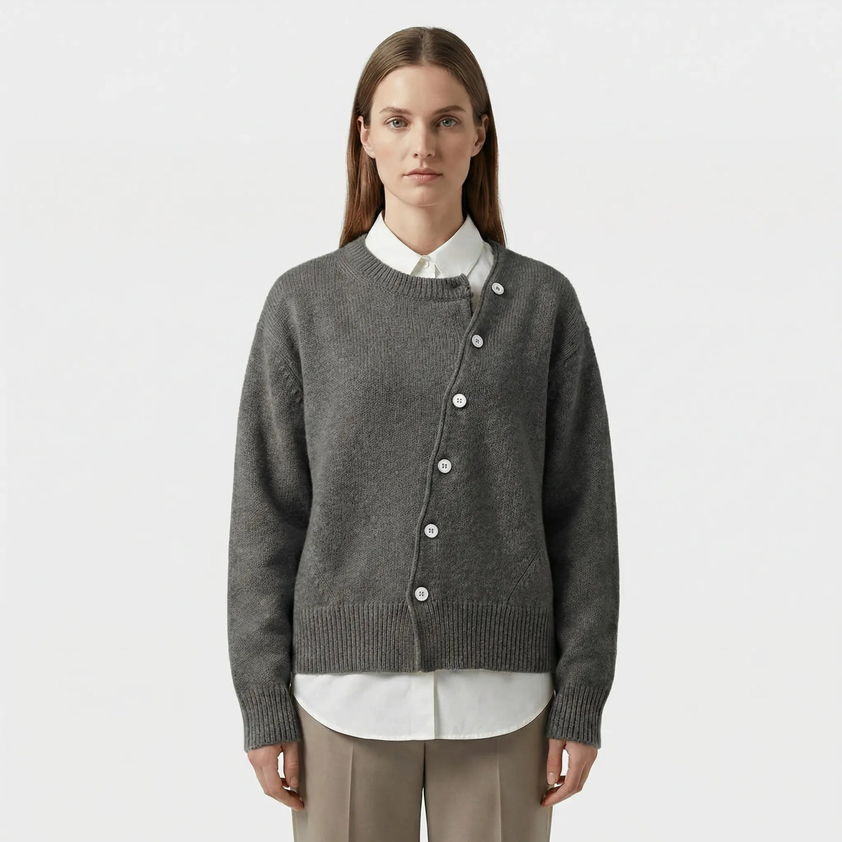 Kerensa wrap knit cardigan with asymmetric buttons, gray