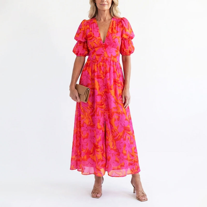 Lara | Puff Sleeve Floral Flowing Midi Dress
