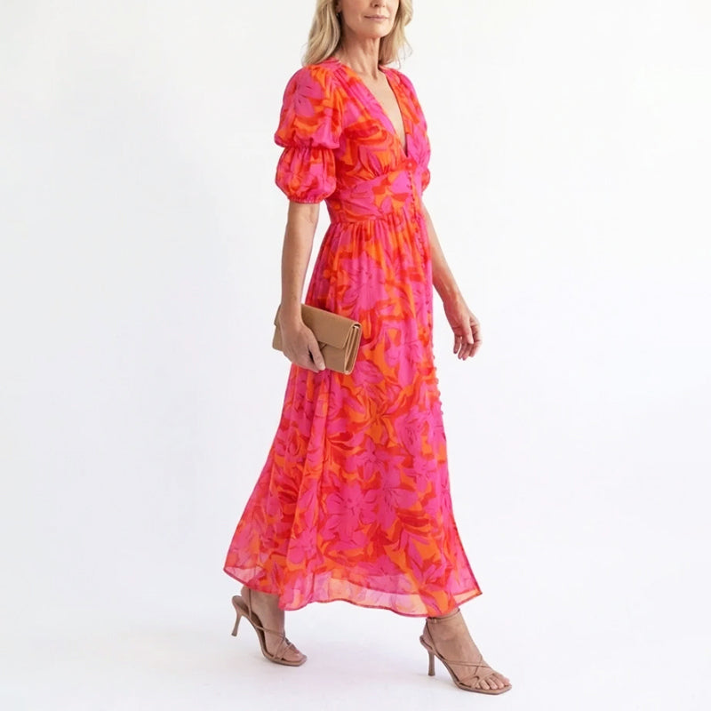 Lara | Puff Sleeve Floral Flowing Midi Dress
