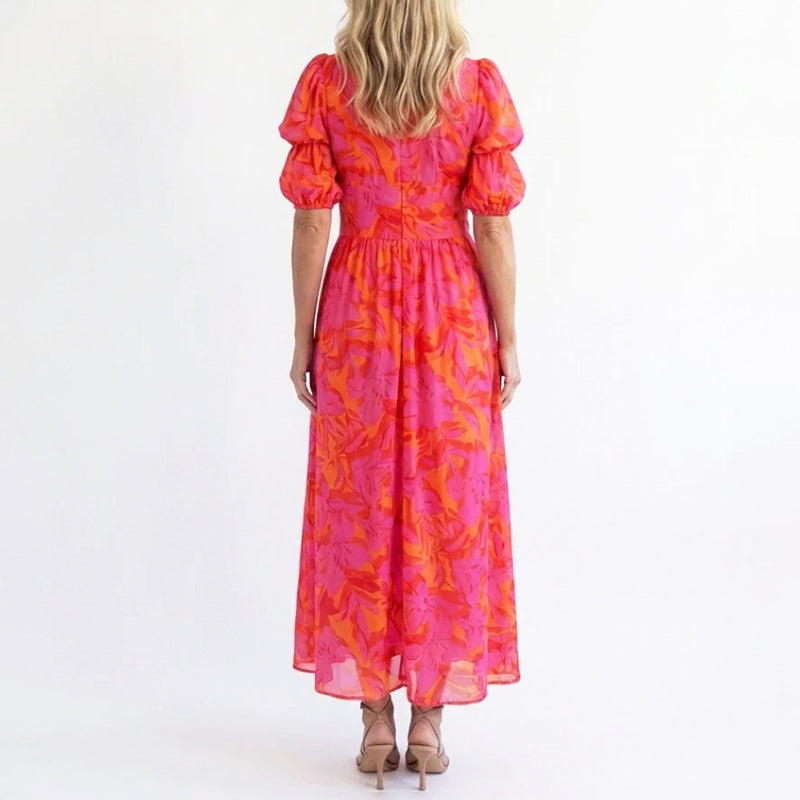 Lara | Puff Sleeve Floral Flowing Midi Dress
