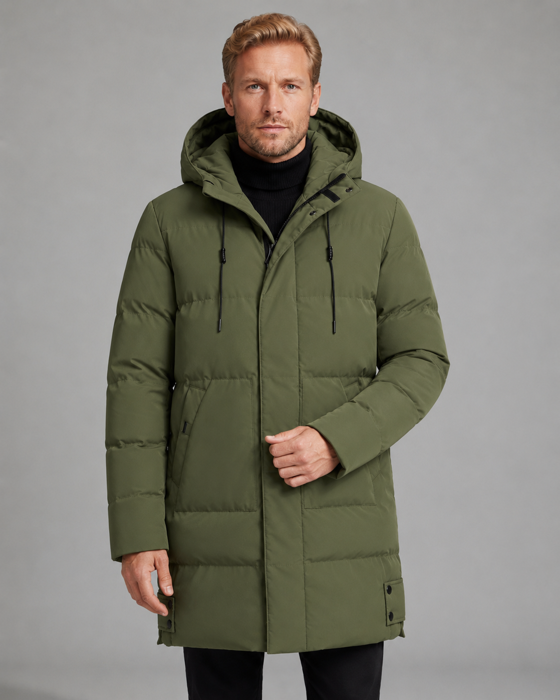 Larry longline hooded puffer coat - front view