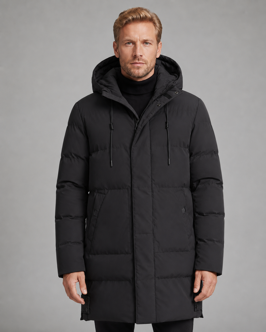 Larry longline hooded puffer coat - hood detail