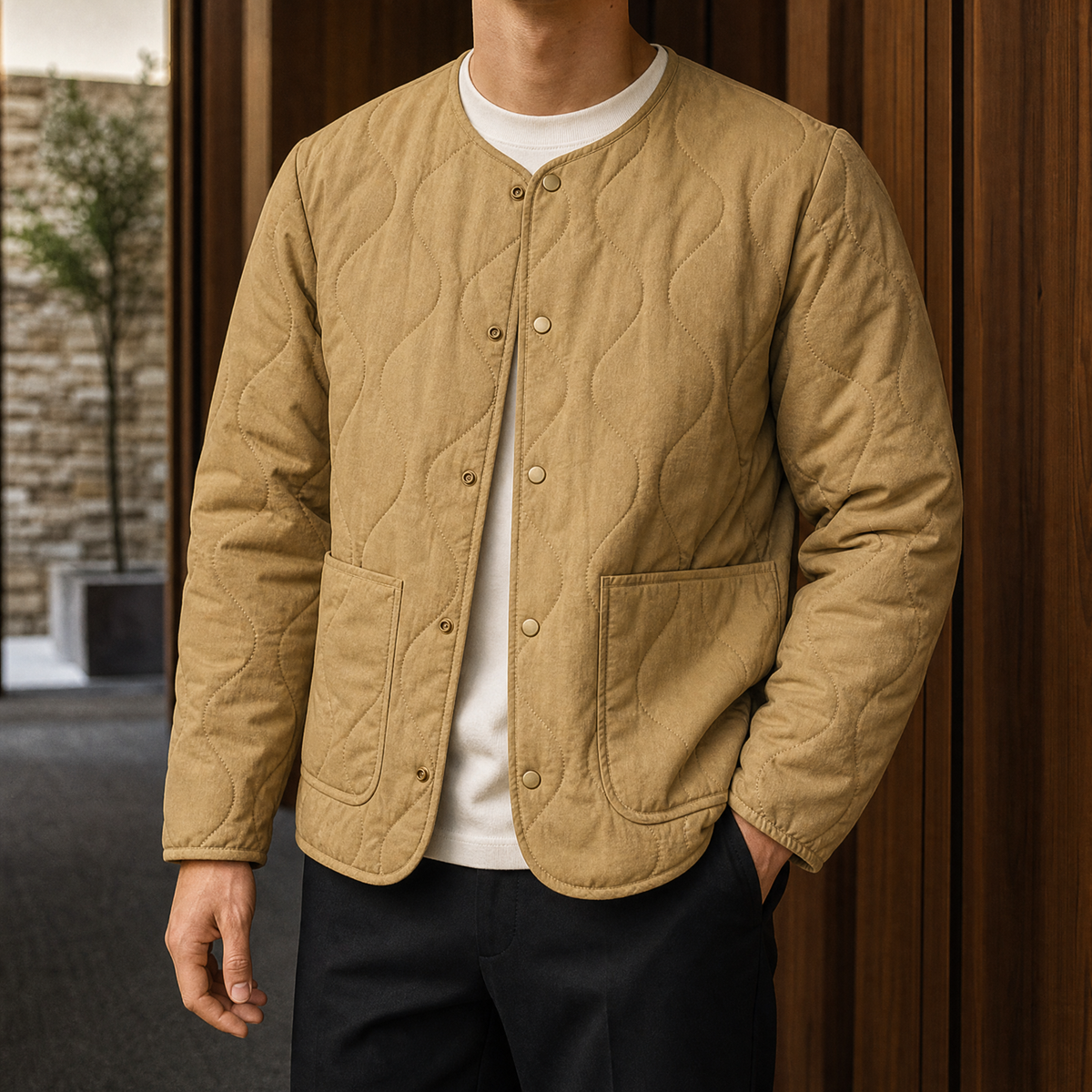 Leander wave-quilted snap-front jacket, khaki