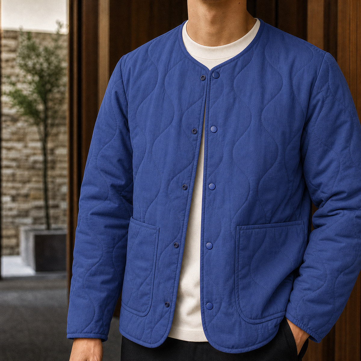 Leander wave-quilted snap-front jacket, royal blue