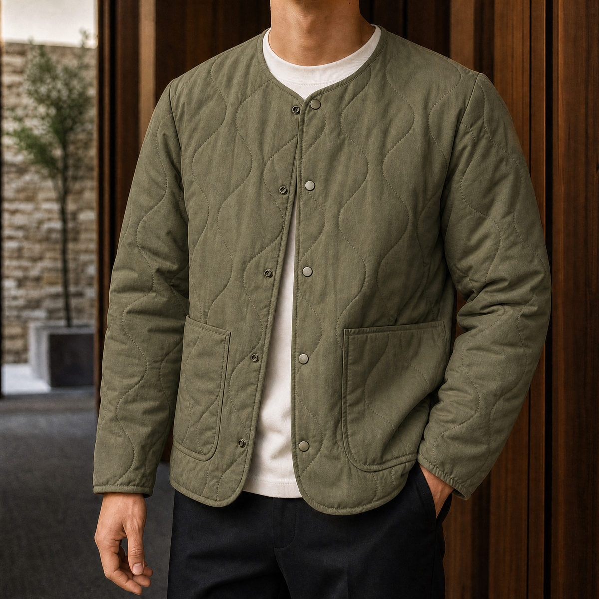 Leander wave-quilted snap-front jacket, army green