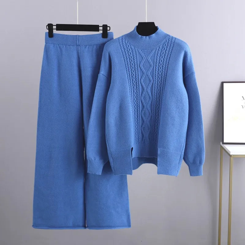 Leontine cable knit loungewear set, blue