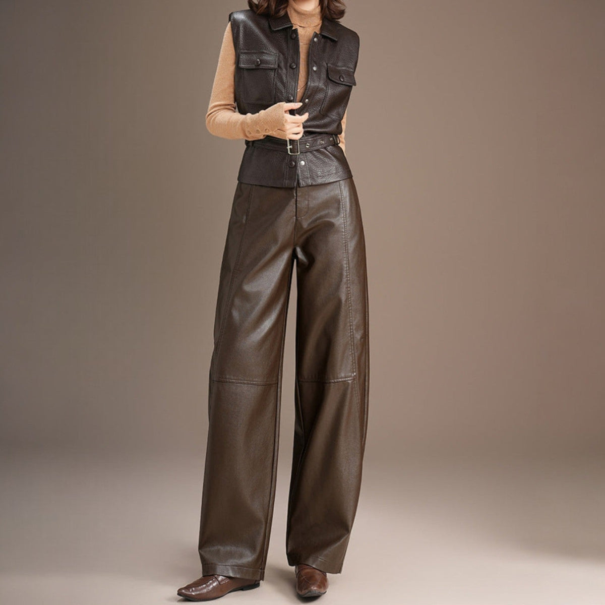 Lienne | Paneled Wide-Leg Leather Pants