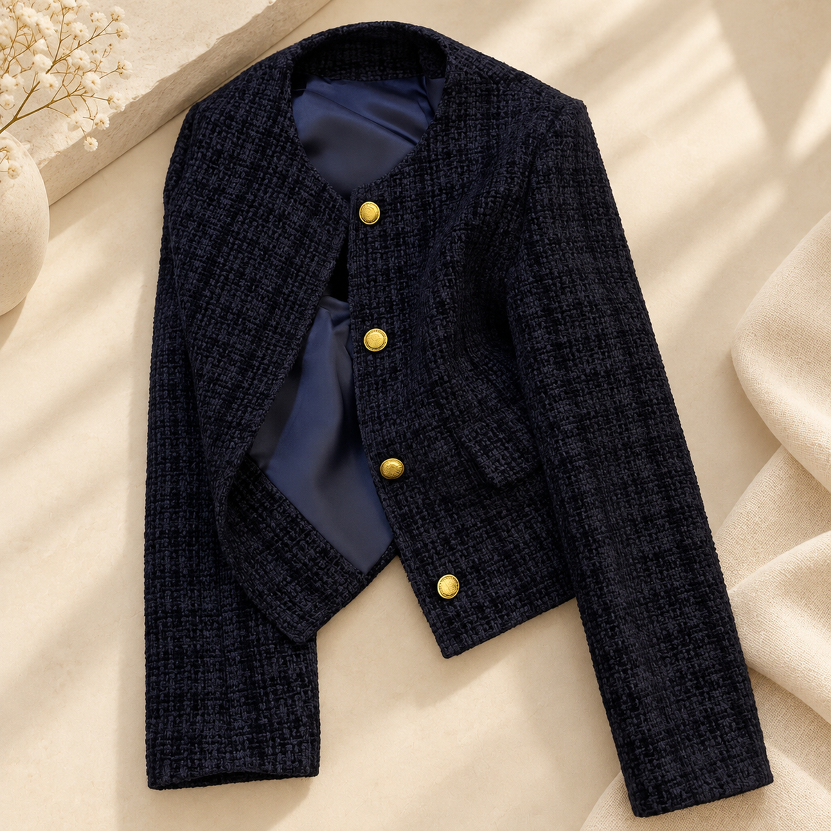 Linnet textured button-front cardigan jacket, navy blue