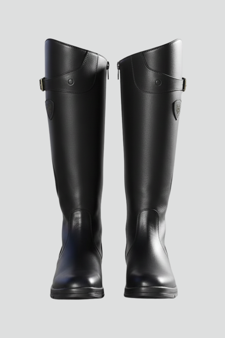 Pair of black knee-high rubber boots on a light gray background