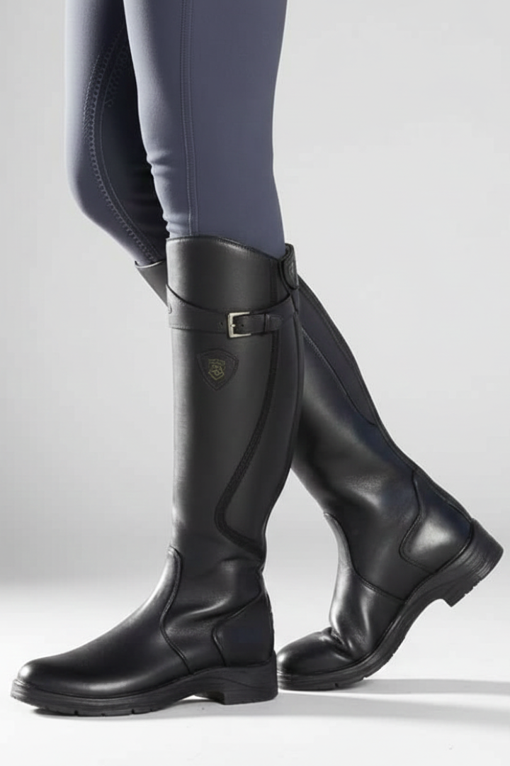 Black riding boots worn with gray leggings on a light gray background