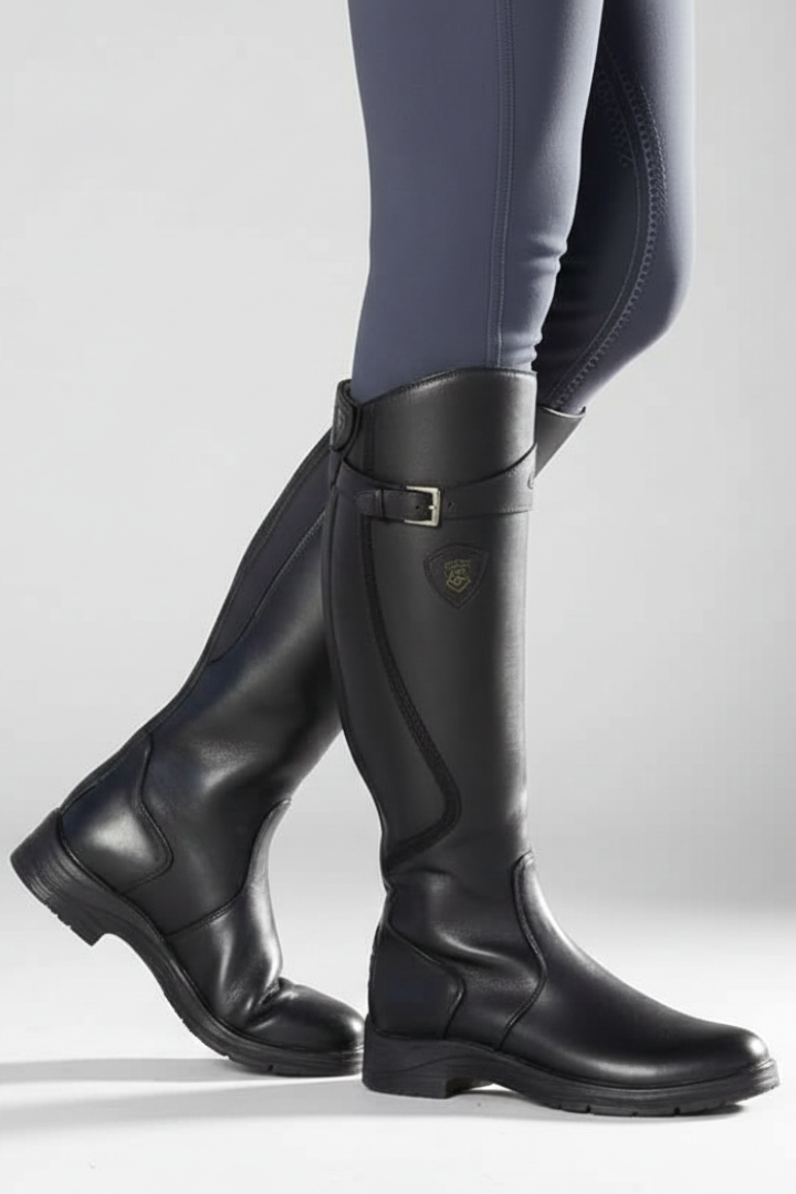 Black riding boots worn with gray leggings on a light gray background