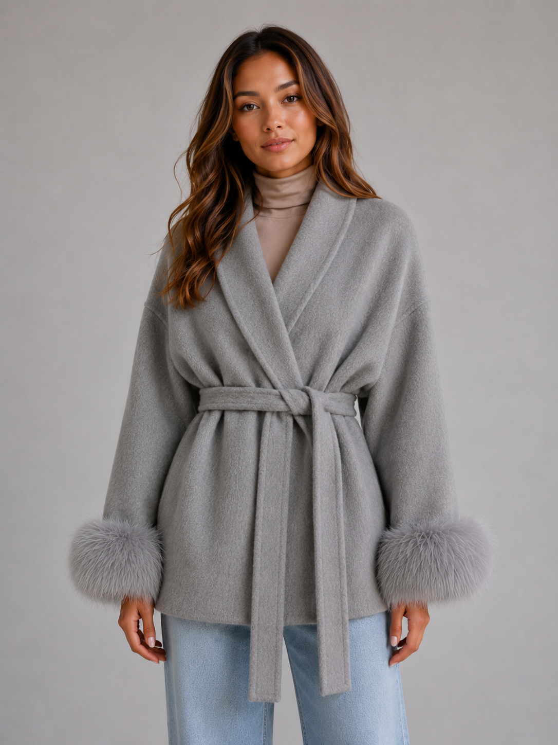 Louisa belted wool blend wrap coat faux fur trim - front view