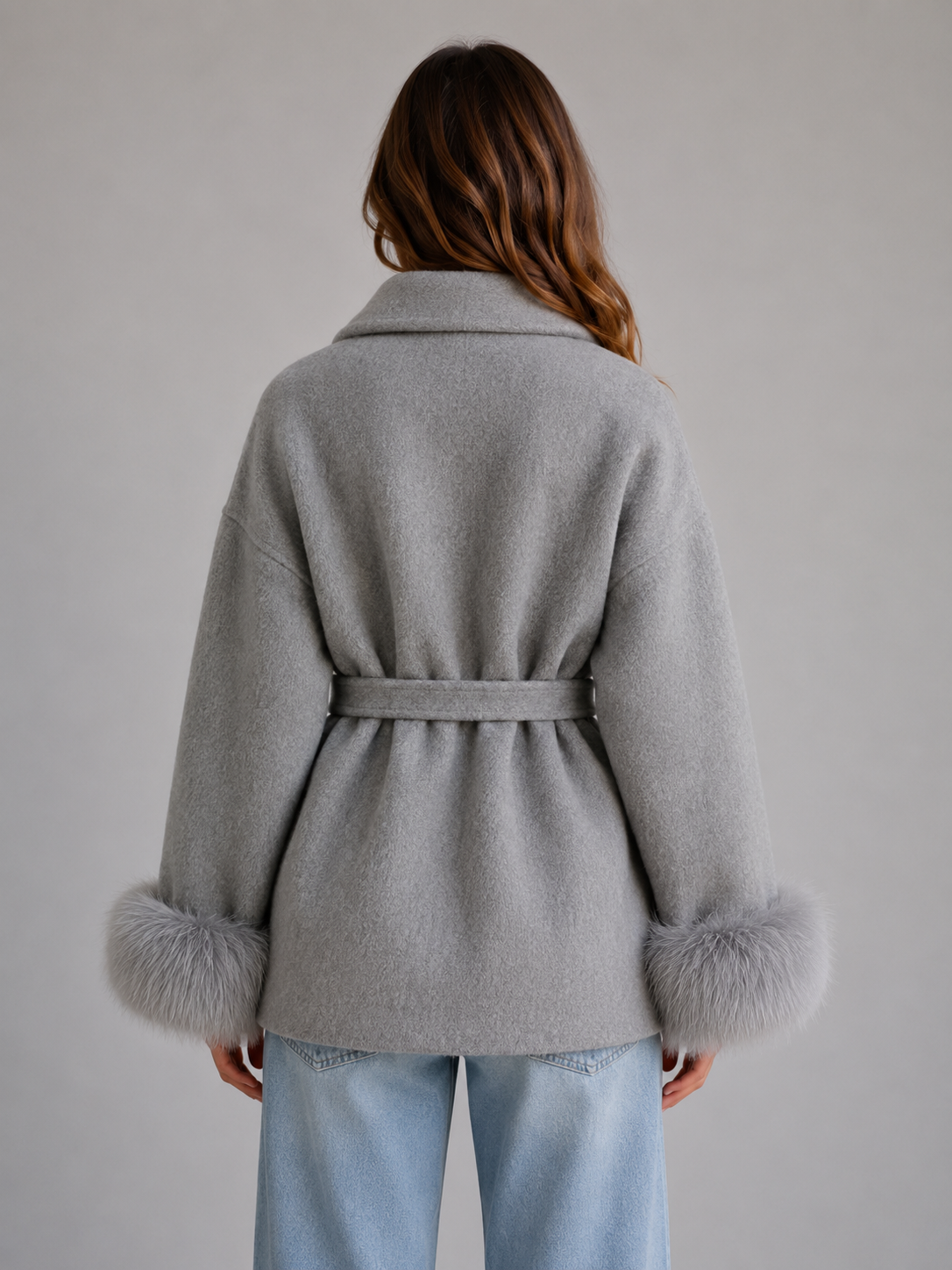 Louisa belted wool blend wrap coat faux fur trim - side view