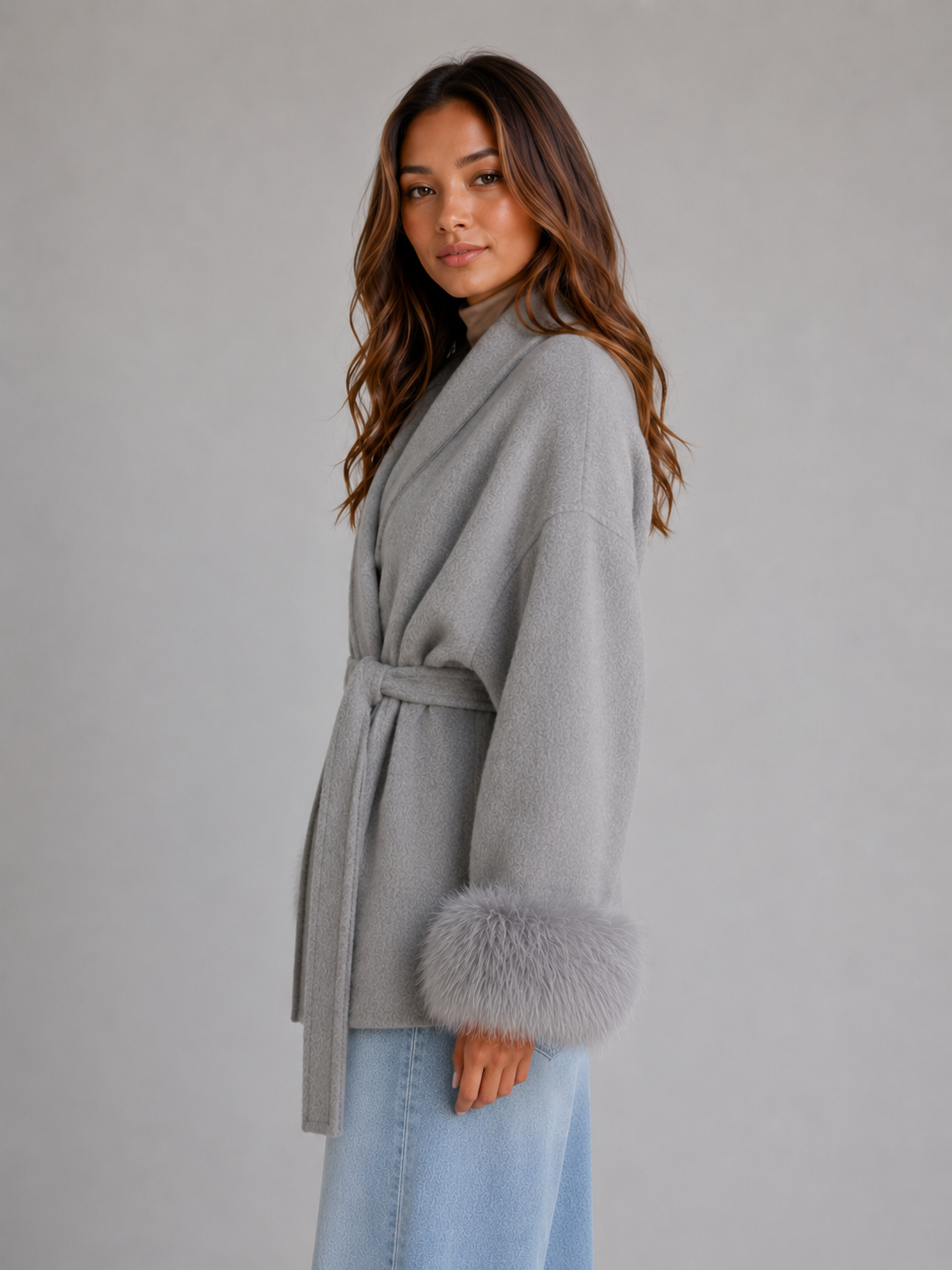 Louisa belted wool blend wrap coat faux fur trim - back view