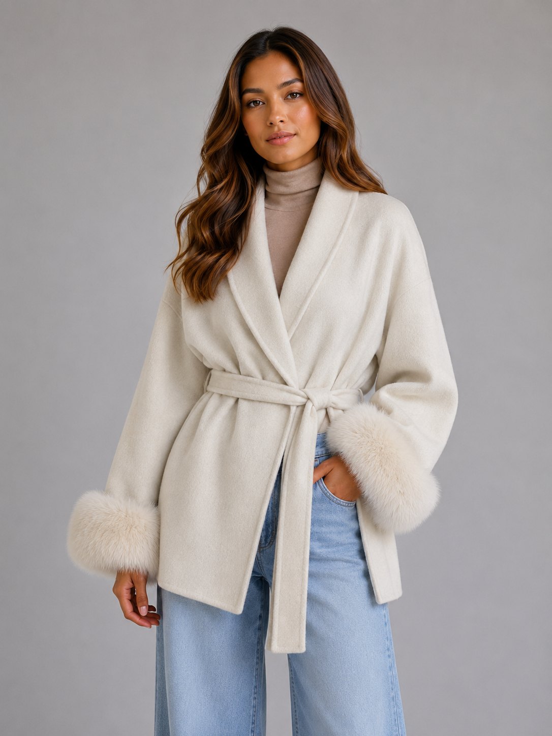 Louisa belted wool blend wrap coat faux fur trim - cuff detail