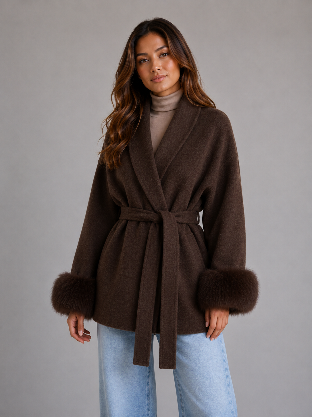 Louisa belted wool blend wrap coat faux fur trim - color options