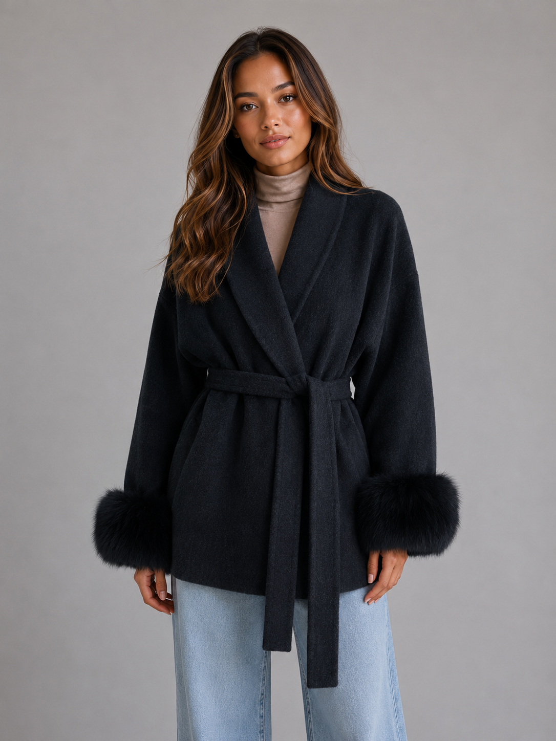 Louisa belted wool blend wrap coat faux fur trim - styled outfit