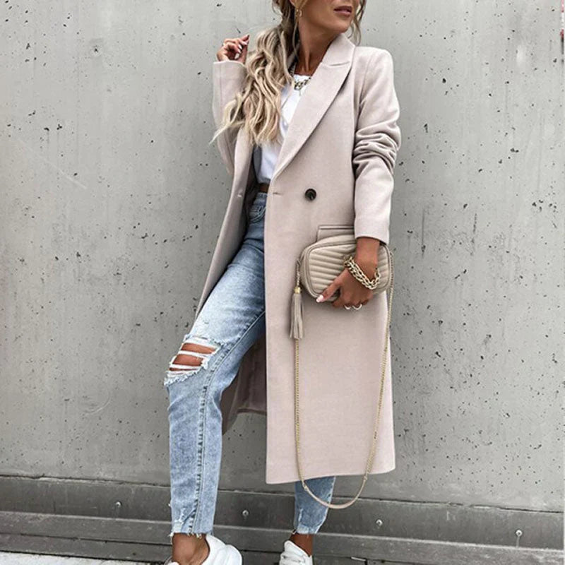 Lucasta double-breasted flap-pocket long coat, beige