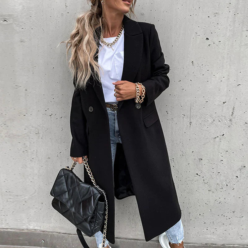 Lucasta double-breasted flap-pocket long coat, black