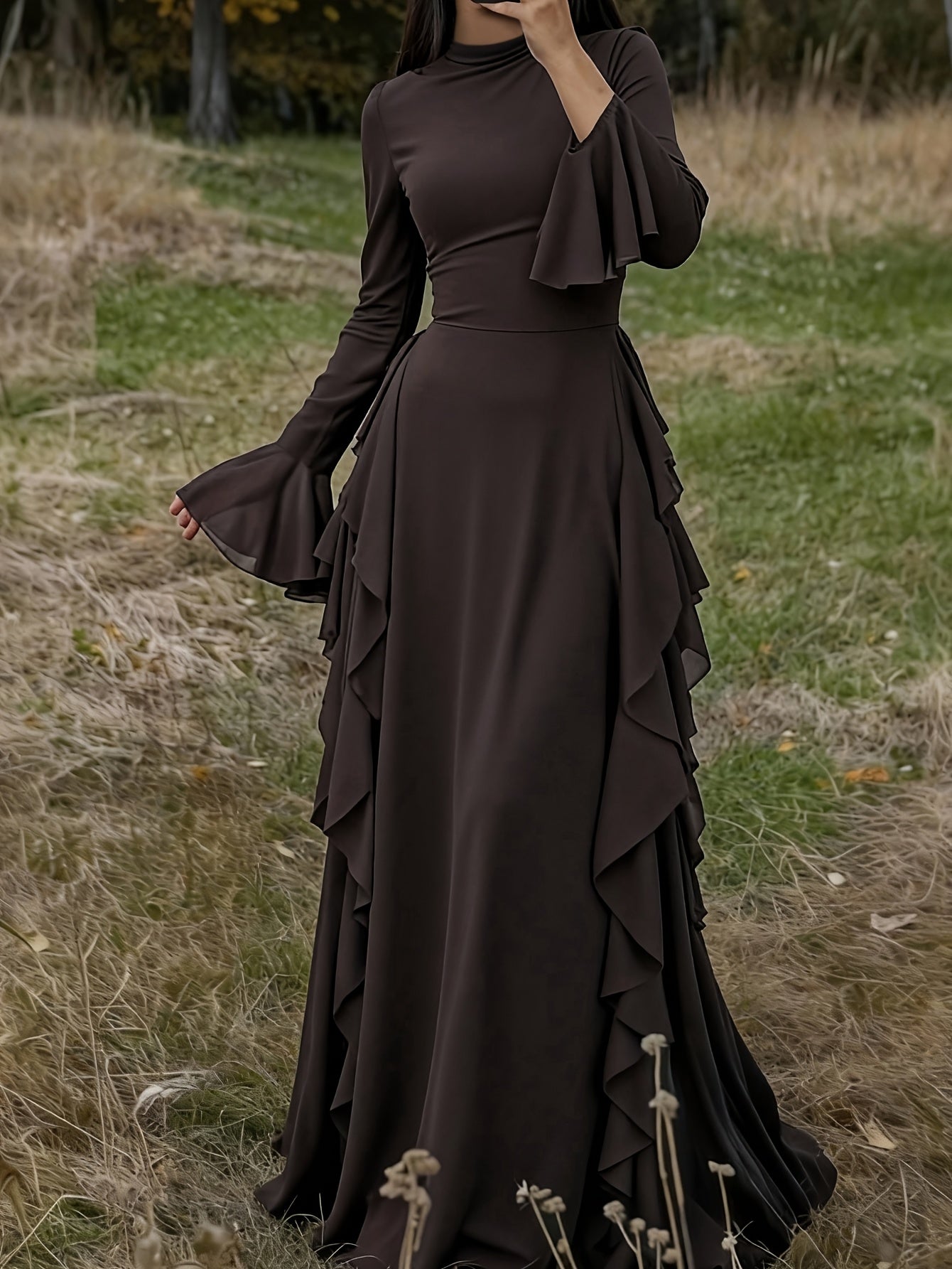 Marceline fall ruffle sleeve bodycon dress - neckline detail