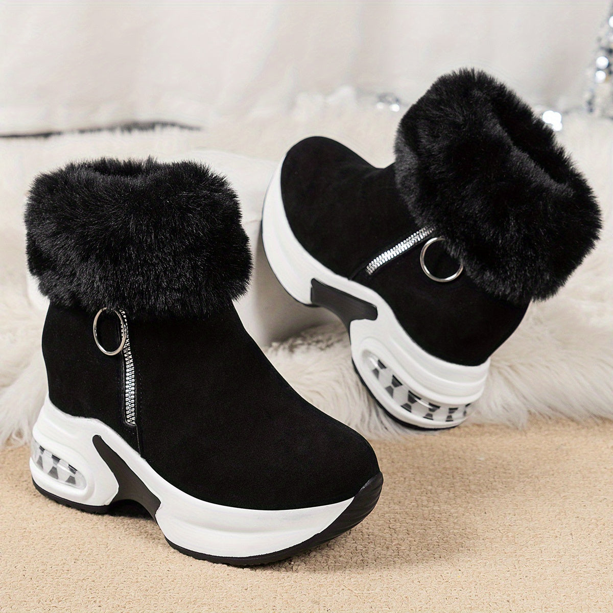 Marietta faux fur collar platform ankle boots, black