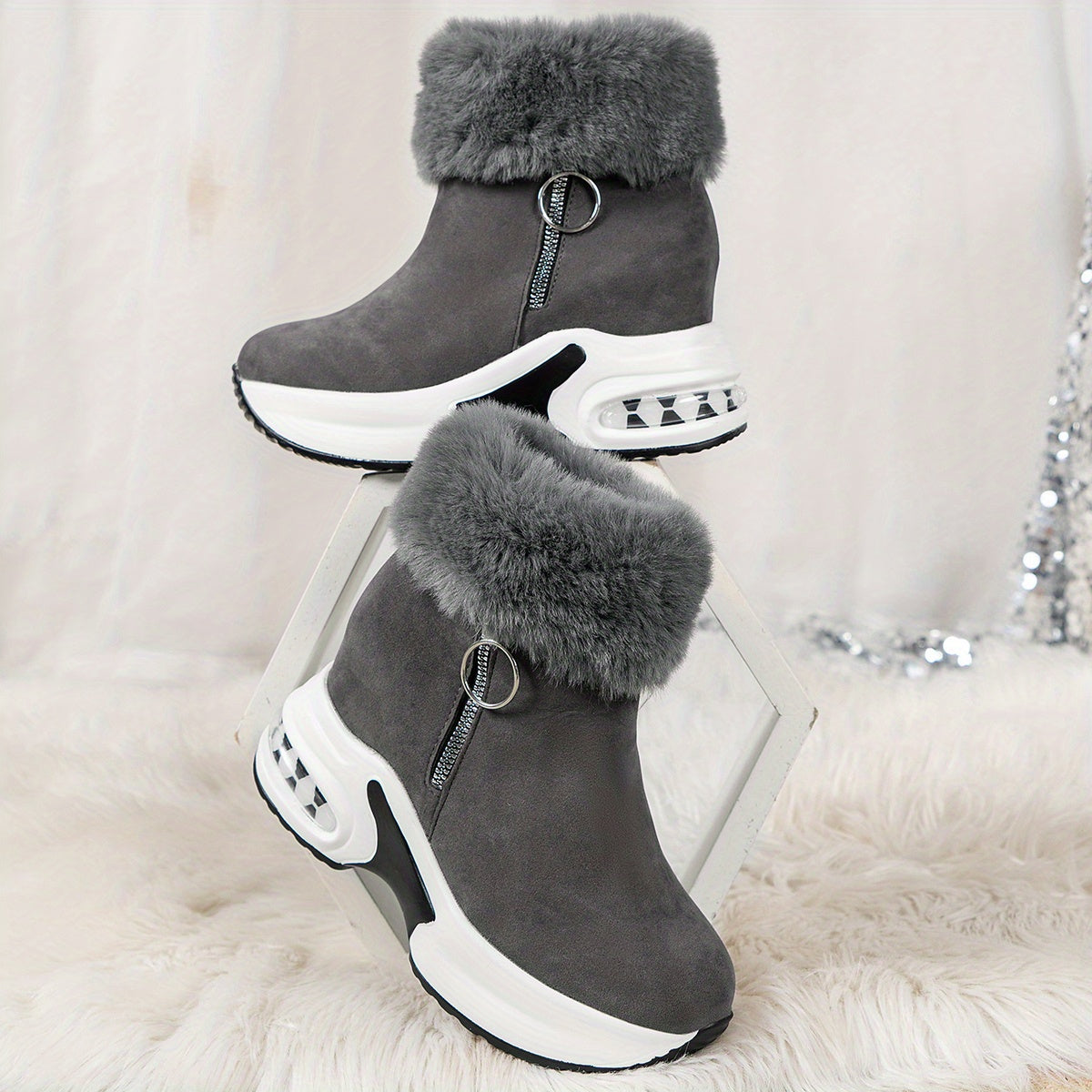Marietta faux fur collar platform ankle boots, gray
