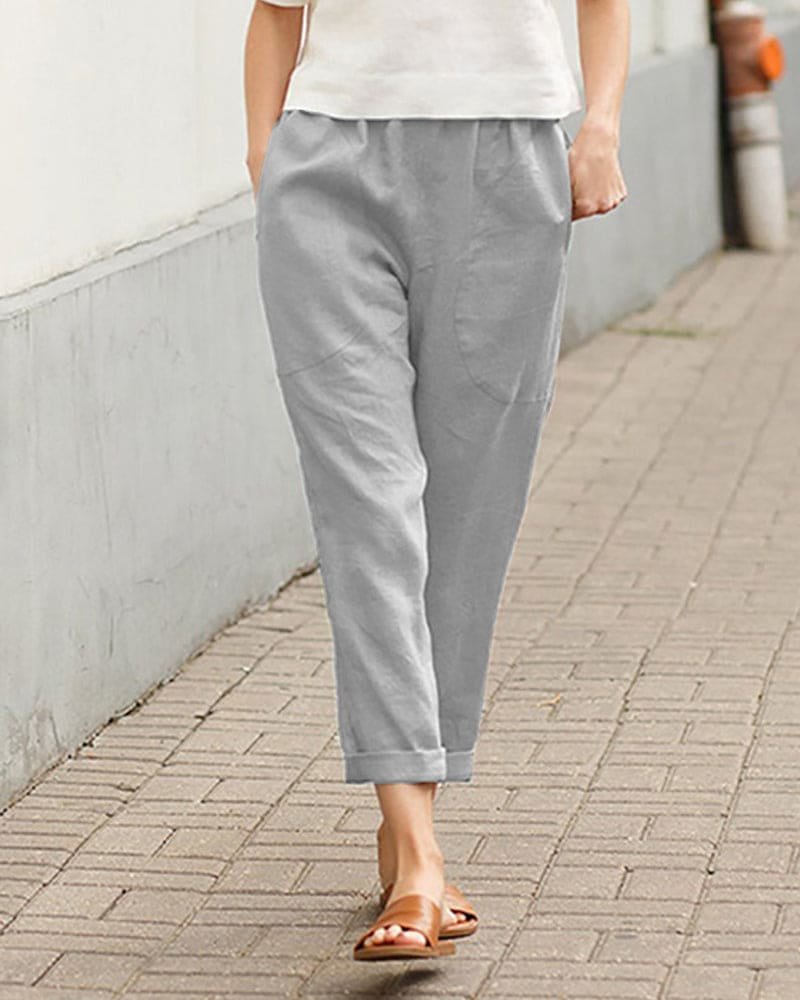 Marina linen trousers with rolled hem - waistband detail