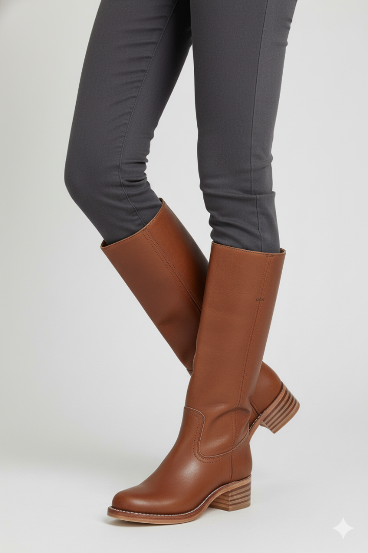 Brown knee-high boots worn with gray leggings on a white background