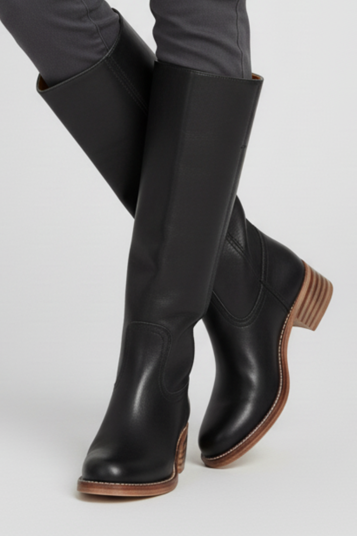 Black knee-high boots with brown soles worn by a person on a light gray background