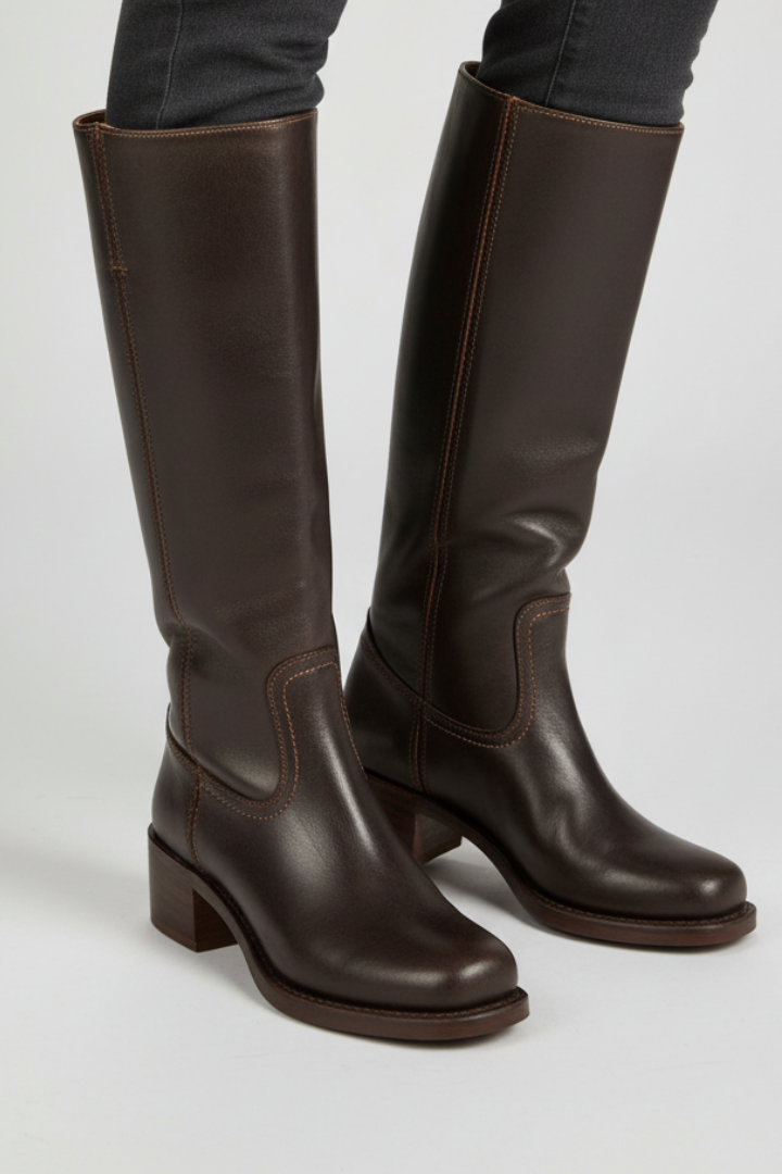 Brown knee-high boots on a light gray background