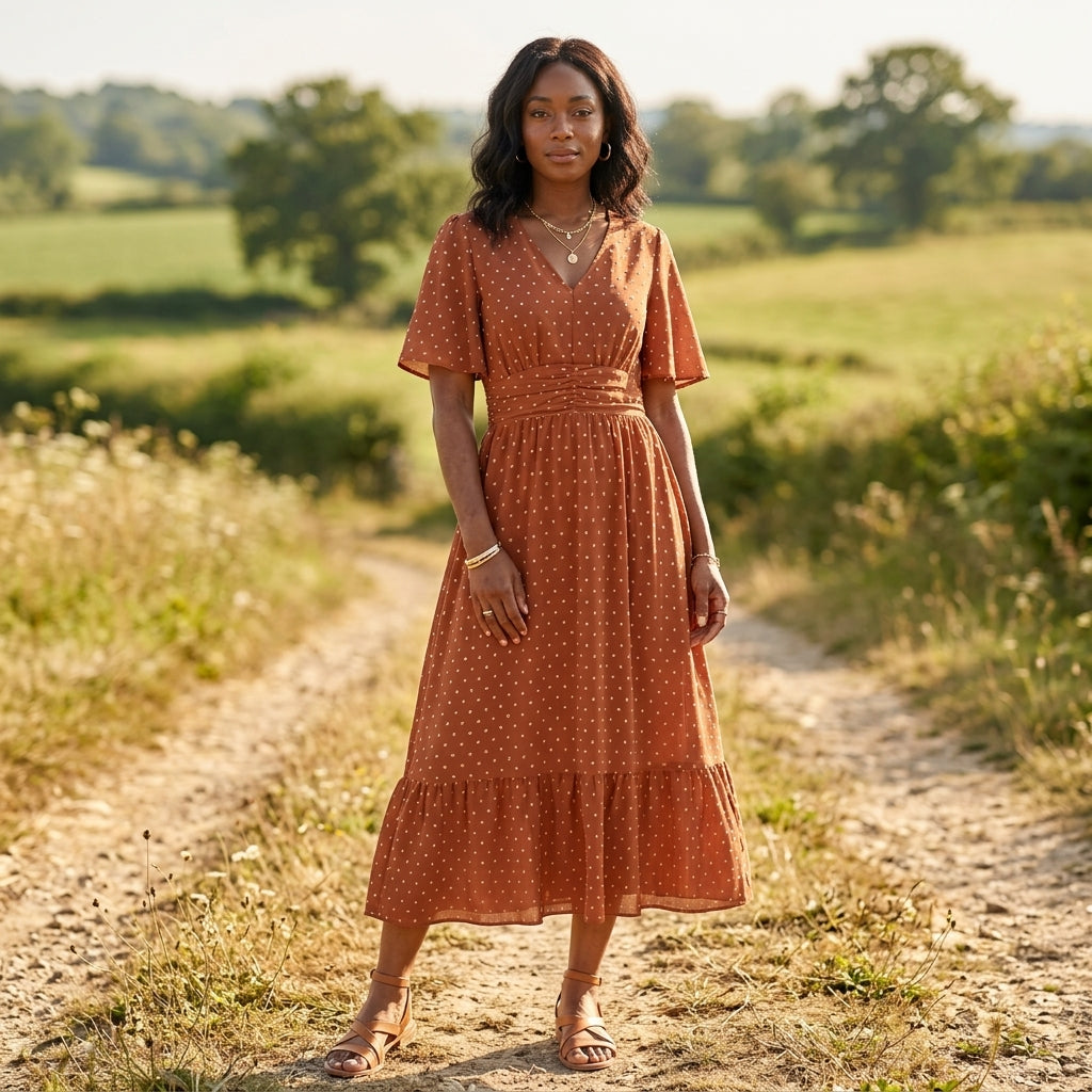 Melina | Polka Dot V Neck Midi Dress