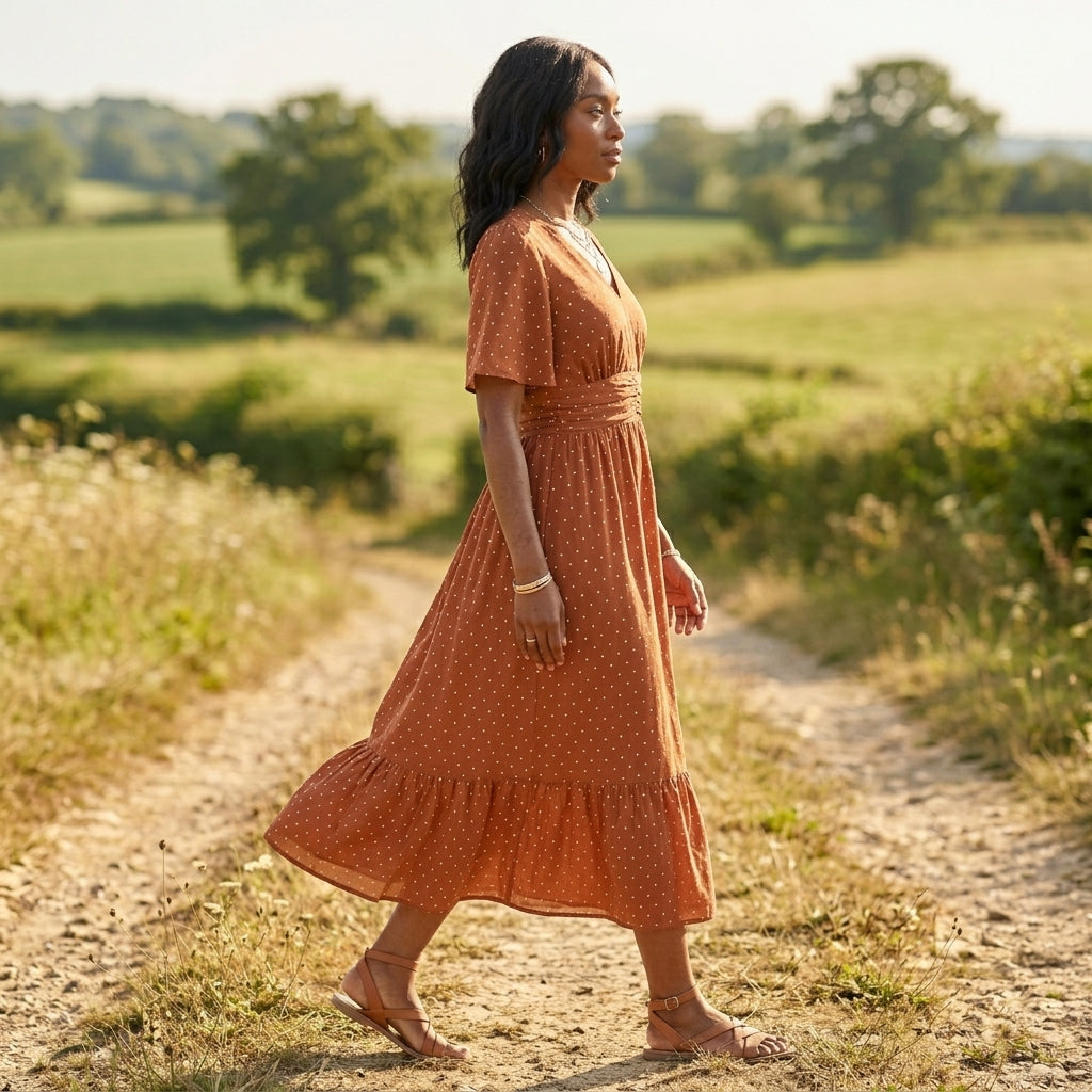 Melina | Polka Dot V Neck Midi Dress