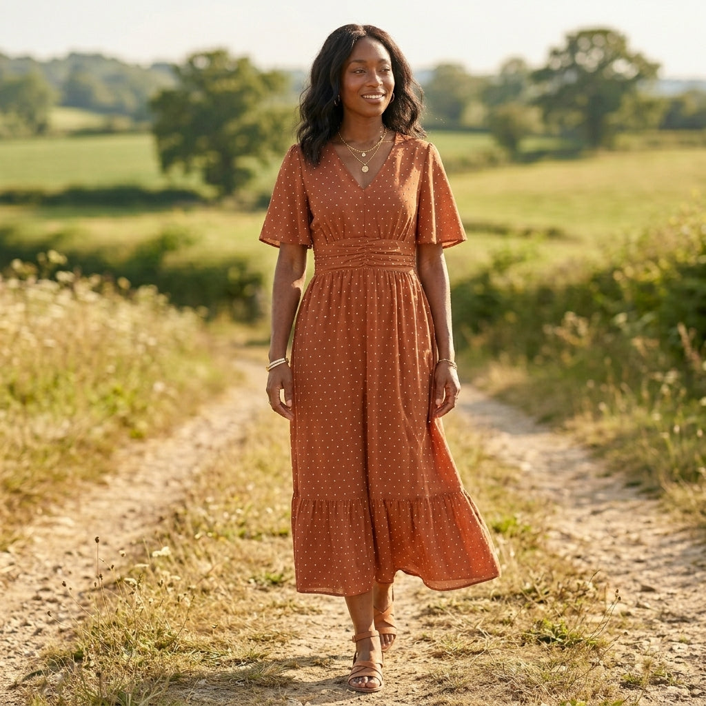 Melina | Polka Dot V Neck Midi Dress