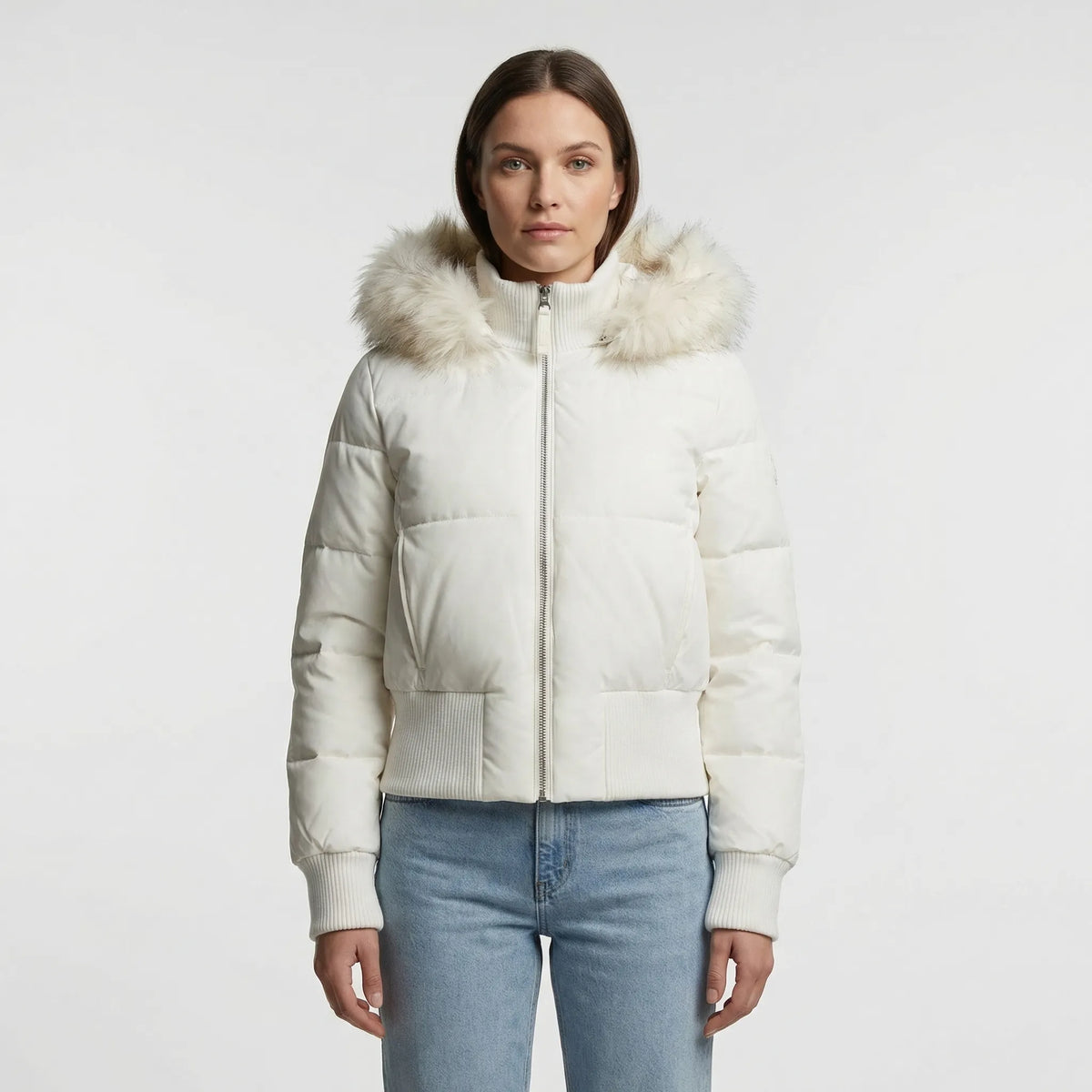 Merewyn cropped quilted puffer jacket with faux-fur hood, white