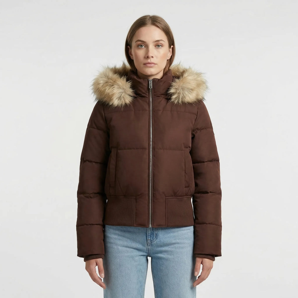 Merewyn cropped quilted puffer jacket with faux-fur hood, brown