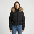 Merewyn cropped quilted puffer jacket with faux-fur hood, black