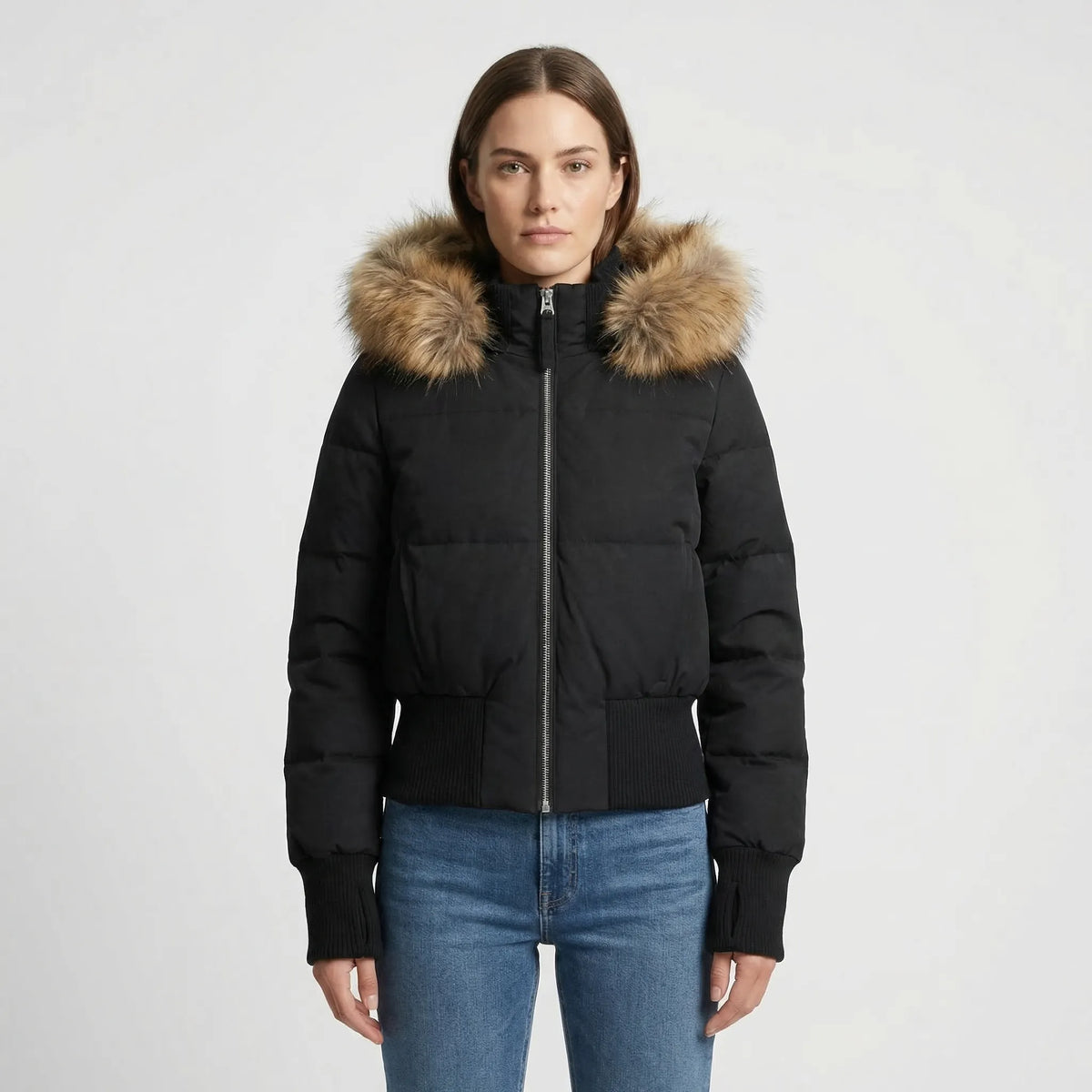 Merewyn cropped quilted puffer jacket with faux-fur hood, black