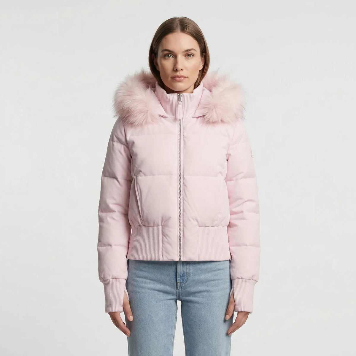 Merewyn cropped quilted puffer jacket with faux-fur hood, pink