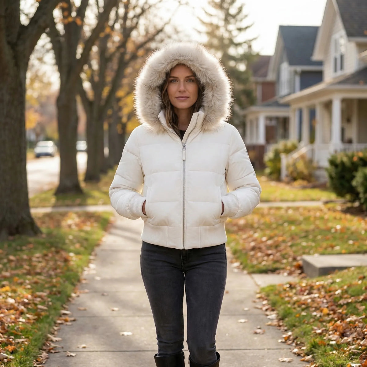 Merewyn cropped quilted puffer jacket with faux-fur hood, view 5
