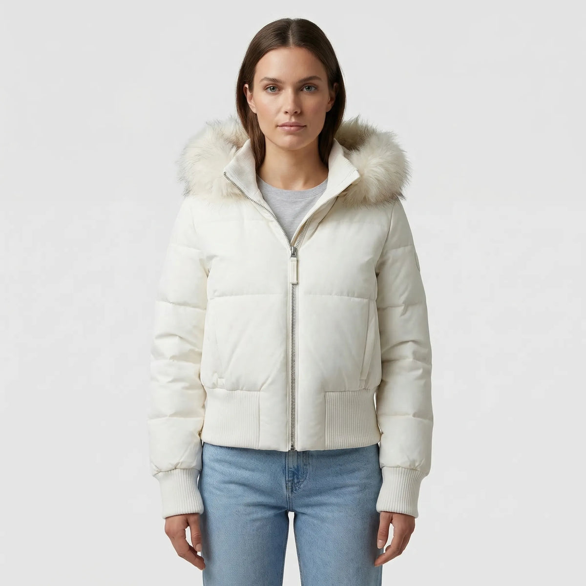 Merewyn cropped quilted puffer jacket with faux-fur hood, view 6