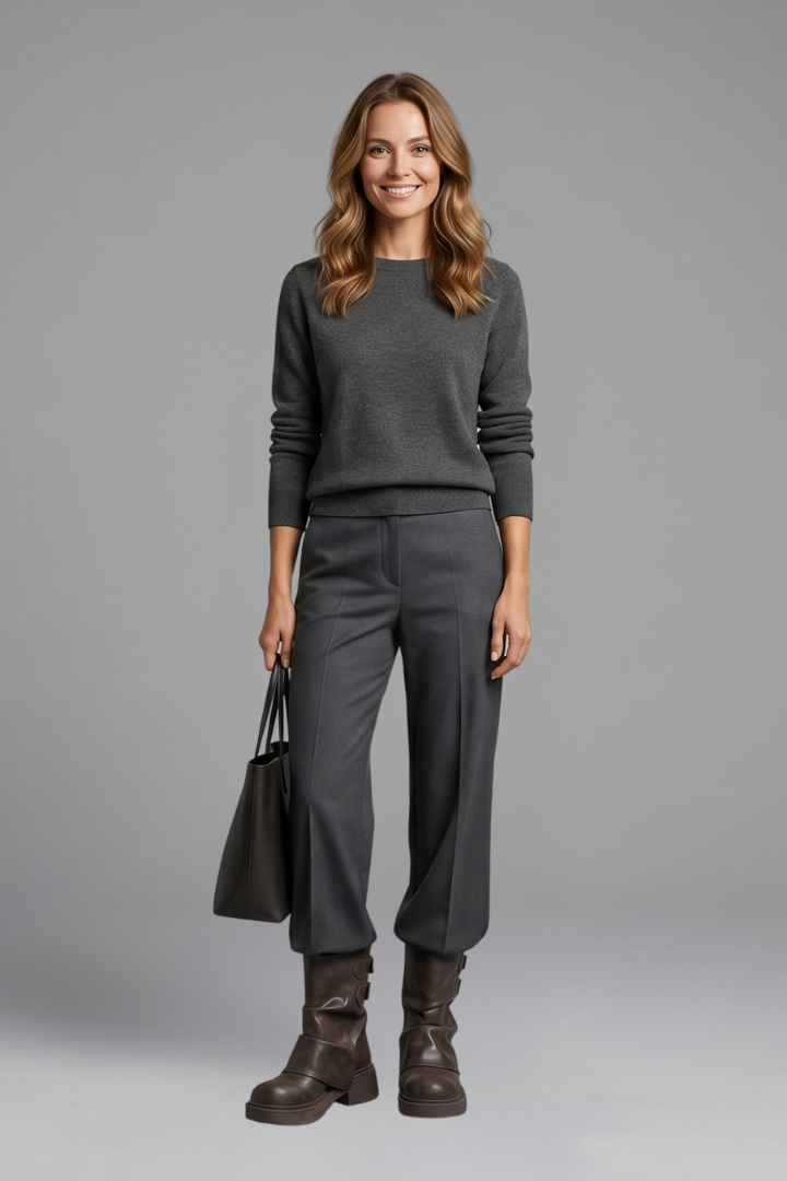 Woman wearing a gray sweater, pants, and boots holding a black handbag on a gray background